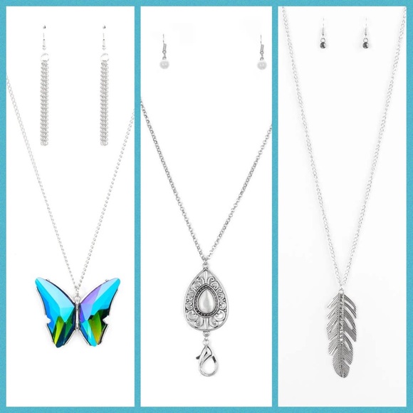 3 piece set.butterfly oil spill necklace, lanyard and feather necklaces